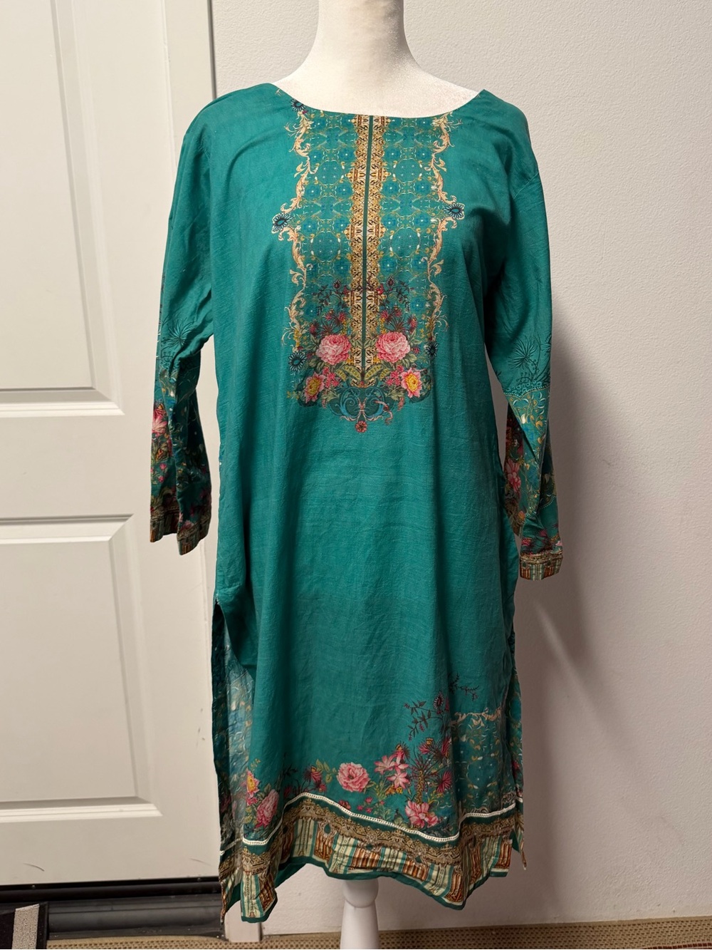 Teal Floral Pakistani Lawn Kurta | Lightweight Summer Kameez | Desi Tunic